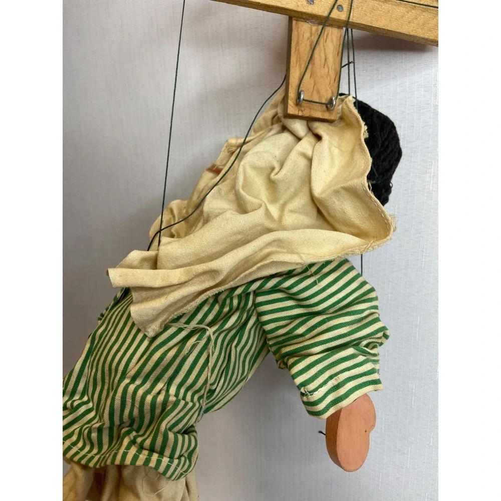 Vintage Marionette Puppet Doll Man Green Stripe Robe Wooden Control Toy